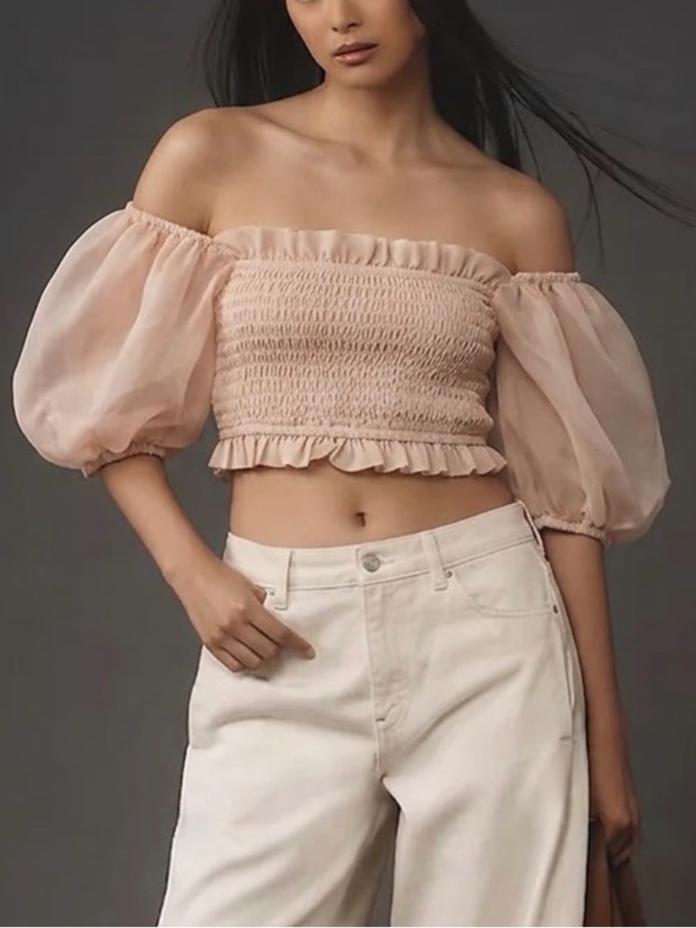 NEW REVOLVE Blush Pink Off-Shoulder Smocked Puff Sleeve Top blouse